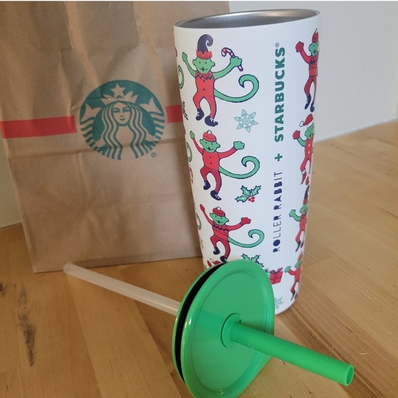 Roller Rabbit + Starbucks 24oz festive holiday christmas monkey printed tumbler - Picture 3 of 4